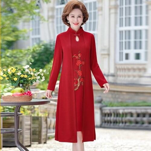 Womens Dress Elegant Autumn Long Coat And Plum embroidery Dress Fake two Chinese Style Mother Cheongsam Dress Plus Size 5XL