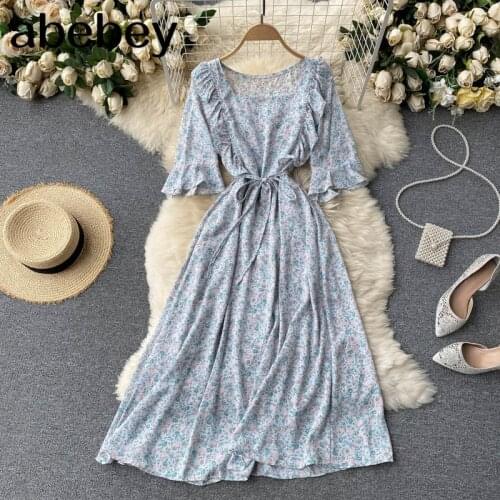 Women Chiffon Floral Dress Korean Sweet Square Collar Short Sleeve A-line Dresses Summer Boho Print Vacation Beach Midi Dress
