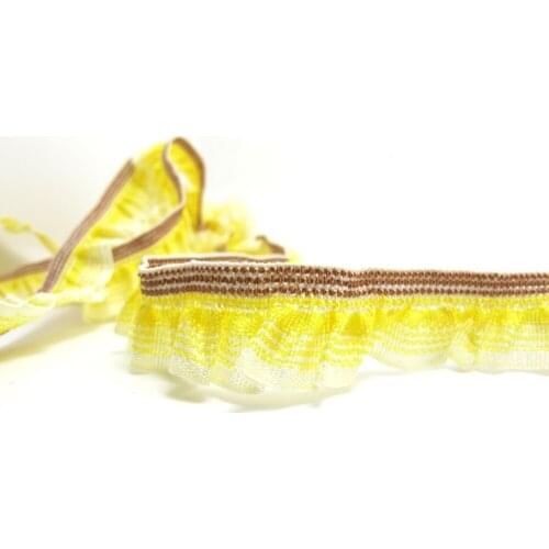 10 Yards 3/4 Inch Yellow and Brown Checkered Pleated Elastic Stretchy Trim|Doll Costume|Girl Dress Edging Trim|Lampshade