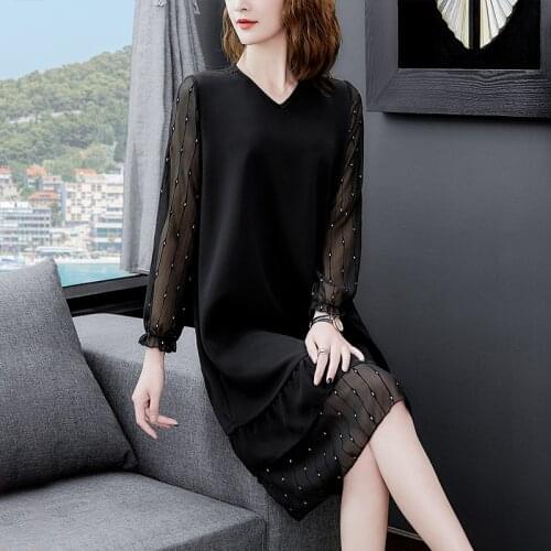 2021 Spring Casual Loose Black Mesh Midi Dresses Autumn 3XL Plus Size Knited Vintage Solid Dress Women Bodycon Elegant Vestidos