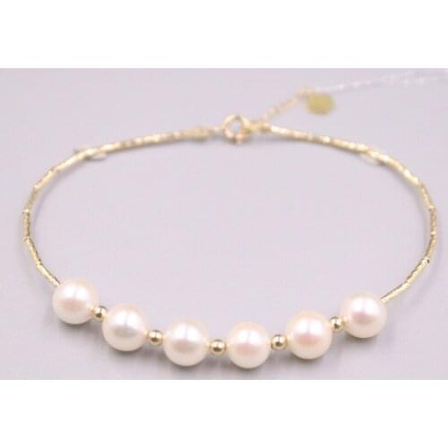 Pure 18K Yellow Gold Bangle Six 7mm Sea Pearl Bead Link Chain Bracelet For Woman Lucky Gift 19cm