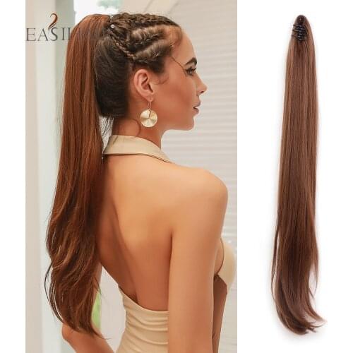 EASIHAIR Long Straight Wrap Around Claw Clip In Ponytail Hair Extension Chestnut Brown Heat Resistant Synthetic Women Fake Hair