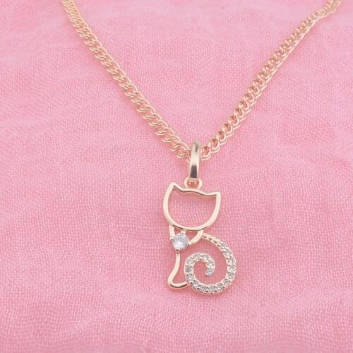 FJ Women Girls Cute 585 Rose Gold Color Cat With Crystal Pendant Jewelry Necklace