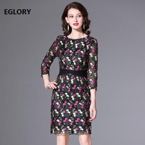 XXL Lace Embroidery Dress 2020 Autumn Party Event Women Allover Exquisite Embroidery 3/4 Sleeve Slim Fitted Bodycon Dress Female