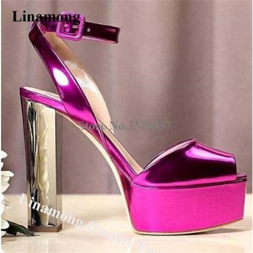 Linamong Peep Toe Patent Leather High Platform Chunky Heel Patchwork Sandals Gold Silver Glitter Super High Heels Dress Shoes