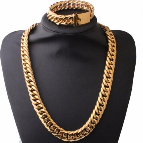 Mens Silver Color/Gold Color Jewelry Set Necklace And Bracelet 316L Stainless Steel Chain Double Curb Cuban Link Chain Gift
