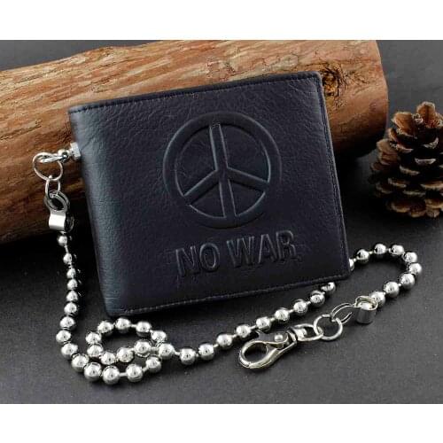 No War Peace Mens Punk Hip Hop Genuine Leather Wallet With Chain P-11