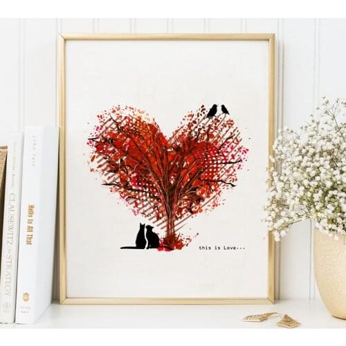 Tree Art Print Poster Wall Pictures, Love With Heart Tree Cats Canvas Painting Home Living Room / Bedroom Decor