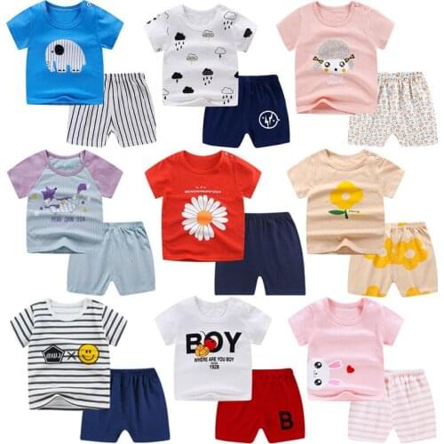 New childrens short-sleeved shorts suit summer boys and girls pure cotton T-shirt childrens two-piece baby short-sleeved suit