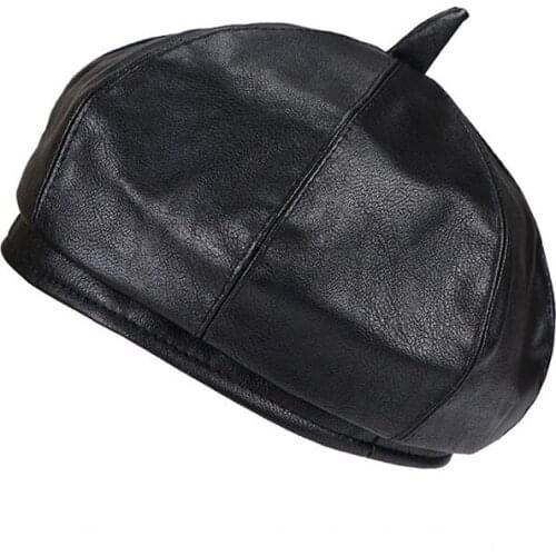 Autumn Winter PU Leather Beret Fall Solid Color Outdoor Painter Beanie Hat For Women Girls Female Vintag Octagonal Cap