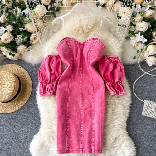 Sundress Ladies Party Dress Ins Fashion Off Shoulder Sexy Denim Dress Women 2021 Slim High Waist Mini Pink Dress
