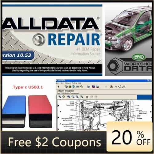 All data Auto Repair Software 2020 Hot sale Alldata 10.53 Mit..chel Tech Suport for cars Trucks Vivid Workshop 750gb HDD USB3.1v