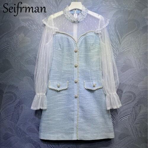 Seifrmann New 2021 Summer Women Fashion Designer Party Midi Dress Flare Sleeve Ruffles Gorgeous Beading Printed Ladies Dresses