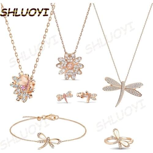 SHLUOYI High Quality SWA New. Elegant Charm Simple Dragonfly Flower Female Pendant Necklace Romantic Anniversary Gift For Women