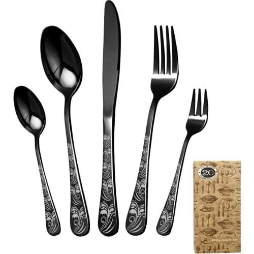 30PCS Cutlery Set Dinnerware Set Knife Forks Spoons Dessert Fruit Set Kitchen Black Gold Stainless Steel Printing Dishwasher Fit