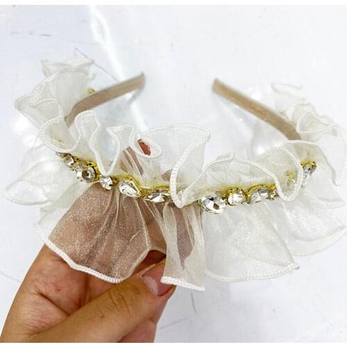 Women Fashion Thin Lace Headband Rhinestones White Fabric Girls Headband Headband Princess Crystal Headband Crown Hair Accessori