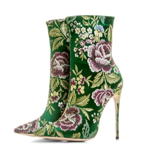 2021 Fashion Ankle Boots Pointed Toe High Thin Heels Women Boots Embroider Floral Ladies Boots