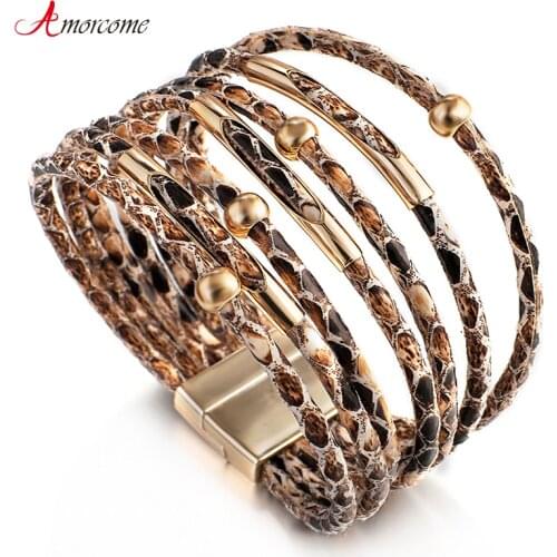Amorcome Snakeskin Pattern Leather Bracelets for Women 2020 Bohemian Boho Metal Pipe Multilayer Wrap Bracelet Female Jewelry