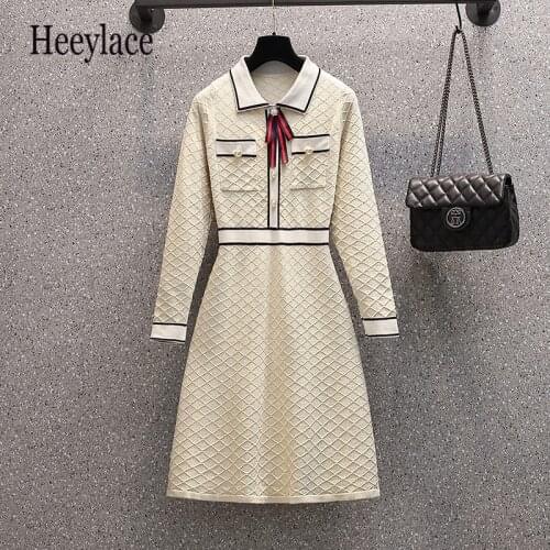 Plus Size Autumn Turn Down Collar Knitting Sweater Dress Womens Beaded Bownot Decoration Knitted Bright Silk Plaid Dresses 4XL