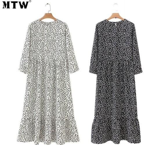 2021 Spring Autumn Women Dot Printed Dress Retro O-Neck Three Quarter Sleeve Pleated Maxi Dress Elegant Party Dresses Vestidos
