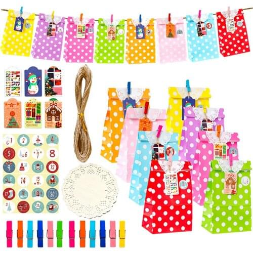 24sets Merry Christmas Gift Bags Dots Zigzag Multicolor Paper Bags Set New Year Xmas Party Favor Bag with Clips Sticker