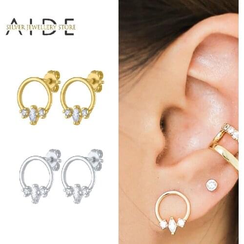 AIDE Minimalism Round Circle Stud Earrings For Women Gift Geometric Zircon 925 Sterling Silver Earrings Fine Jewelry kolczyki