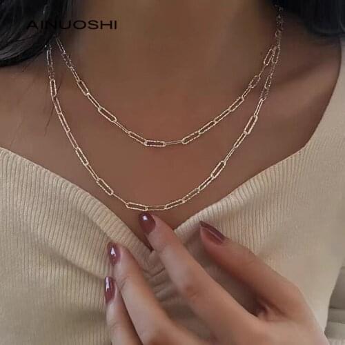 AINUOSHI 925 Sterling Silver Sparkling Rectangular Buckle Clavicle Chain Choker Necklace For Women Fine Jewelry Wedding Gift