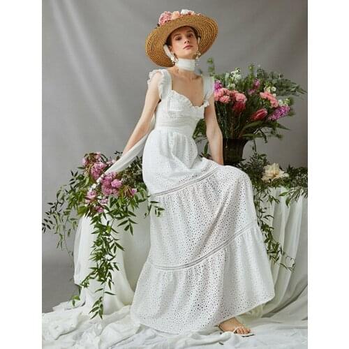 White Color Lace Ruffle Frilly V-Neck Cotton Long Dress Womens Party Wedding Bohemian Style