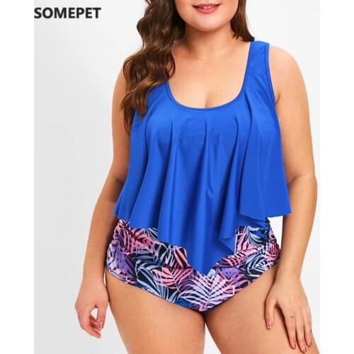 Women Floral Print Bikini Plus Size Lady Swimwear Tankini Two Piece Ruffles Femininas Swimdress Beachwear Swimsuit 2021