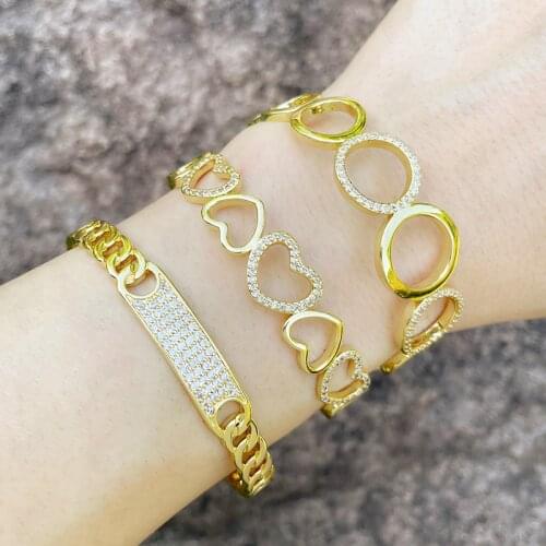 FLOLA Gold Plated Heart Open Cuff Bangles Bracelets For Women CZ Pave Round Bangle Cubic Zirconia Luxury Jewelry Gifts brtc95