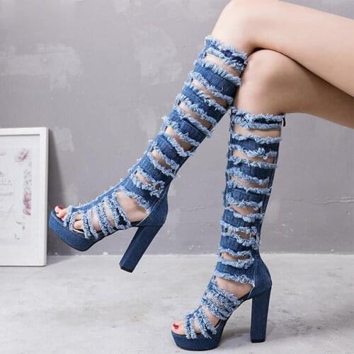 Deep Toe Over The Knee Hole Jean Boots Women Long Tight Chunky Heel Summer Boots Platform High Heels Designer Women Shoes