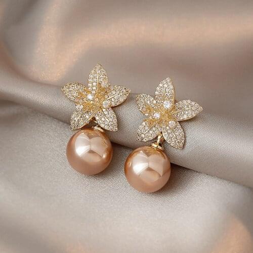 Champagne Flower Pearl Earrings Personality Elegant Korean Brincos Simple Jewelry Wholesale