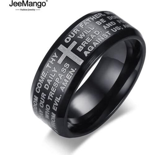 JeeMango Neo-Gothic Stainless Steel Mens Religious Rings Jewelry 8MM English Lord Prayer Ring 3 Colors Optional JR364