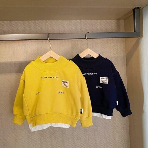 Boys Plus Cashmere Sweatshirt 2021 Korean Baby Boys and Girls Thickened Sweatshrit Childrens Fake Two-piece Pullovers Top Tees