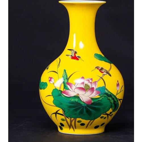 Chinese Souvenir Glossy Yellow Ceramic Plate Set Peacock Paint Lotus Flower Vase Plate Table Ornaments