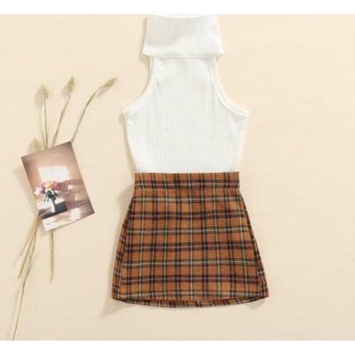 2Pcs Toddler Summer Outfit Solid Color Ribbed High-Neck Sleeveless Crop Tops + Plaid Short Skirt for Girls 1-6 Years