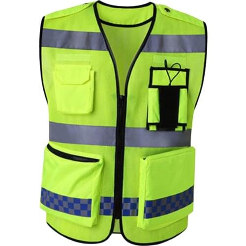 Multi Pockets High Visibility Zipper Front Safety Vest With Reflective Strips, Premium Style-D