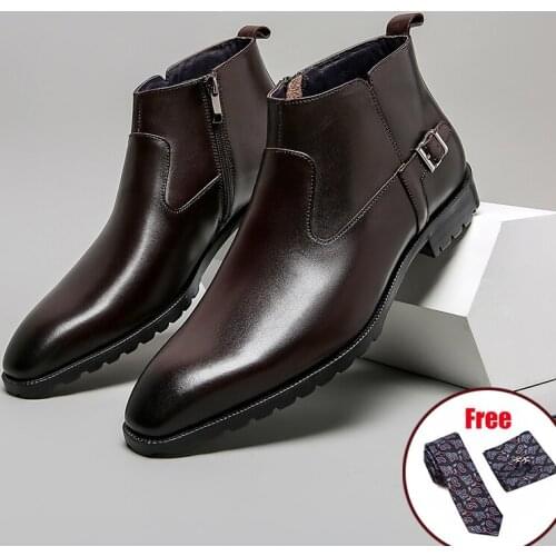 Phenkang Men Winter chelsea Boots Genuine leather Ankle Buckle Brogue Casual Ankle Flat Slip on Dress Black Winter boots