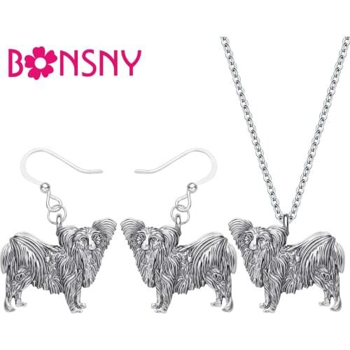Bonsny Alloy Antique Gold Plated Papillon Dog Jewelry Sets Lovely Pets Earrings Necklace Accessory For Women Girls Trendy Gift