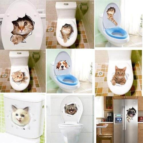3D Effect Cats Toilet Switch Toilet Door Stickers Cartoon Refrigerator Wall Stickers Decals For Home Bathroom Decor Poster Mural