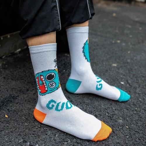 Socks Men Cotton Cartoon Pattern Hip Hop Style Breathable Mid Tube Happy Socks Skateboard Sock Soft Long Sock for Men Calcetines