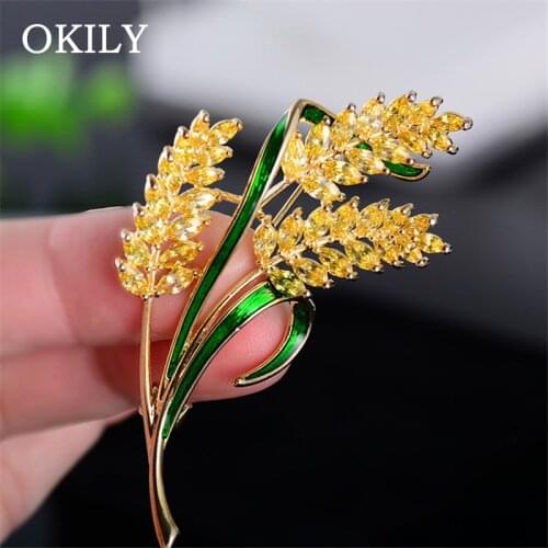 OKILY Graceful Zircon Copper Brooches Jewelry Accessories Unisex Women Pin Gold Color Wheat Brooch Pin with Yellow Zirconia Gift
