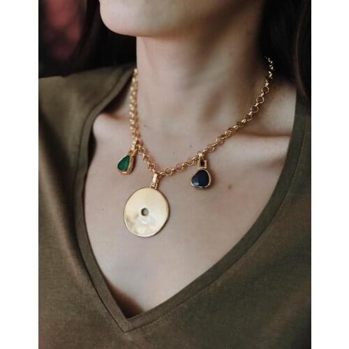 GULCE DERELI, 3 (THREE) CHARM NECKLACE, GONG AND NATURAL STONE CHARM NECKLACE, CHAIN NECKLACE, GIFT BOX, GOLD/SILVER PLATED