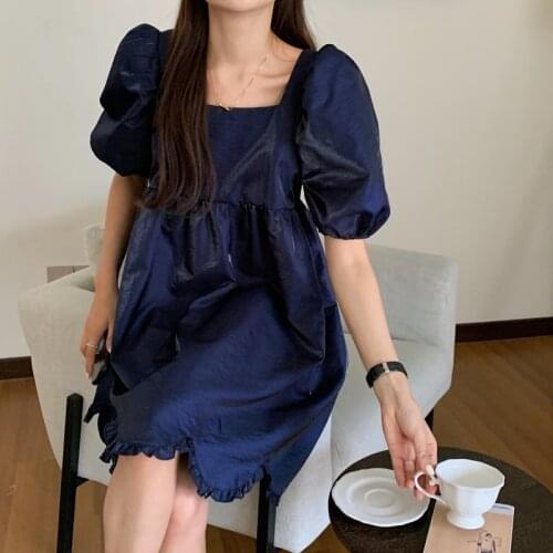 Xincooler Summer 2021 Loose Temperament Square Collar Dresses Woman Party Night Vintage Lantern Sleeve Women Clothes Blue Dress