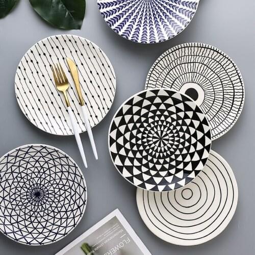 Nordic Creative Geometric Design Plates Underglaze Ceramic Handmade Dinner Serving Dish Plate Round Kitchen Tableware Home Decor