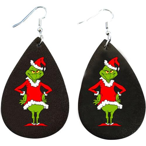 Teardrop Earrings Christmas Faux Leather Diy Grinch With Hat Santa Two Layes Black Red Buffalo Plaid Pattern Leaf