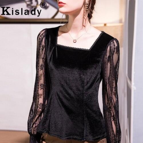Square Collar Long Sleeve Gothic Pleuche Shirt Sexy Lace Patchwork Harajuku Embroidery Shirt Korean Hollow Out Tops Clothes