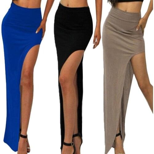 Sexy Women Solid Color High Waist Side Slit Knitted Elastic Bodycon Long Skirt High Waist Streetwear Casual Skirts