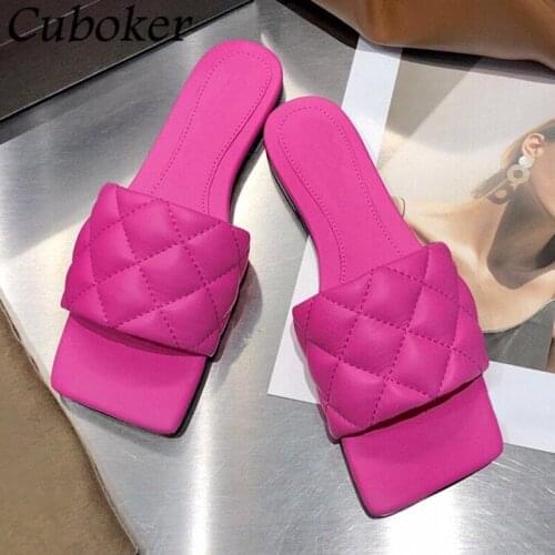 Flat Women Slippers Square Toe Rhombus Genuine Leather Ladies Slides Brand Designer Summer Vacation Beach Outwear Slippers Woman