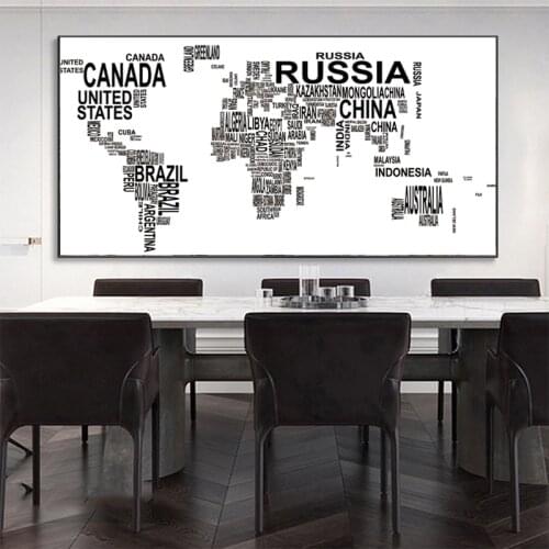 Modern Black and White World Map Canvas Painting Letters Posters and Prints Wall Art Picture for Living Room Home Decor Cuadros